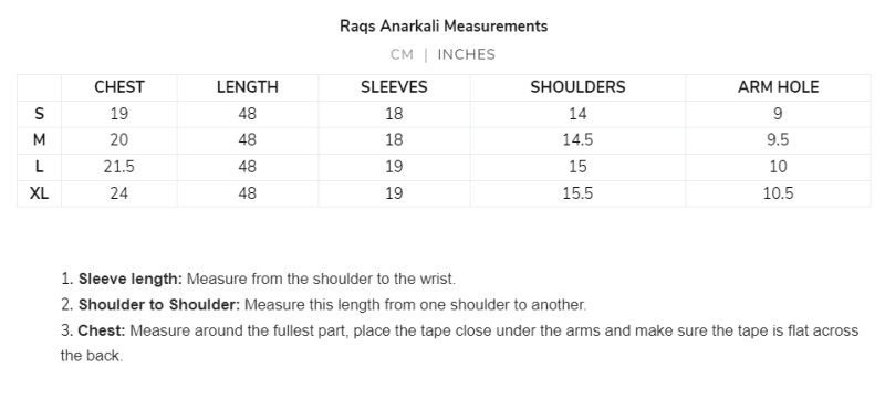 Raqs SizeChart